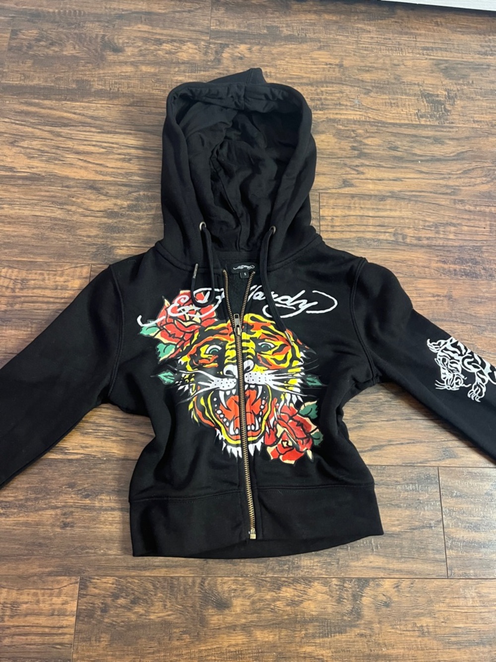 Ed Hardy Black Zip-Up Bomber Jacket with Multicolor Tiger & Rose Graphic